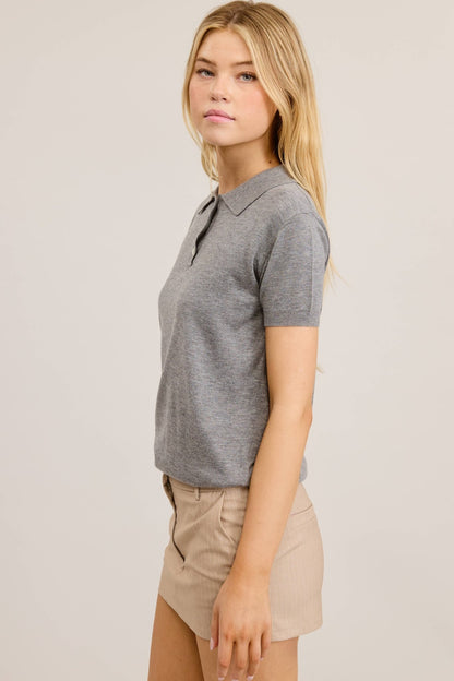 Mimosa - Buttoned Collar Short Sleeve Knit Polo Top - Dear John