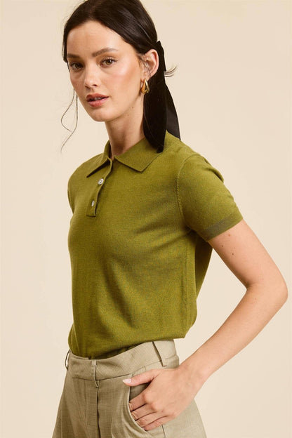 Mimosa - Buttoned Collar Short Sleeve Knit Polo Top - Dear John