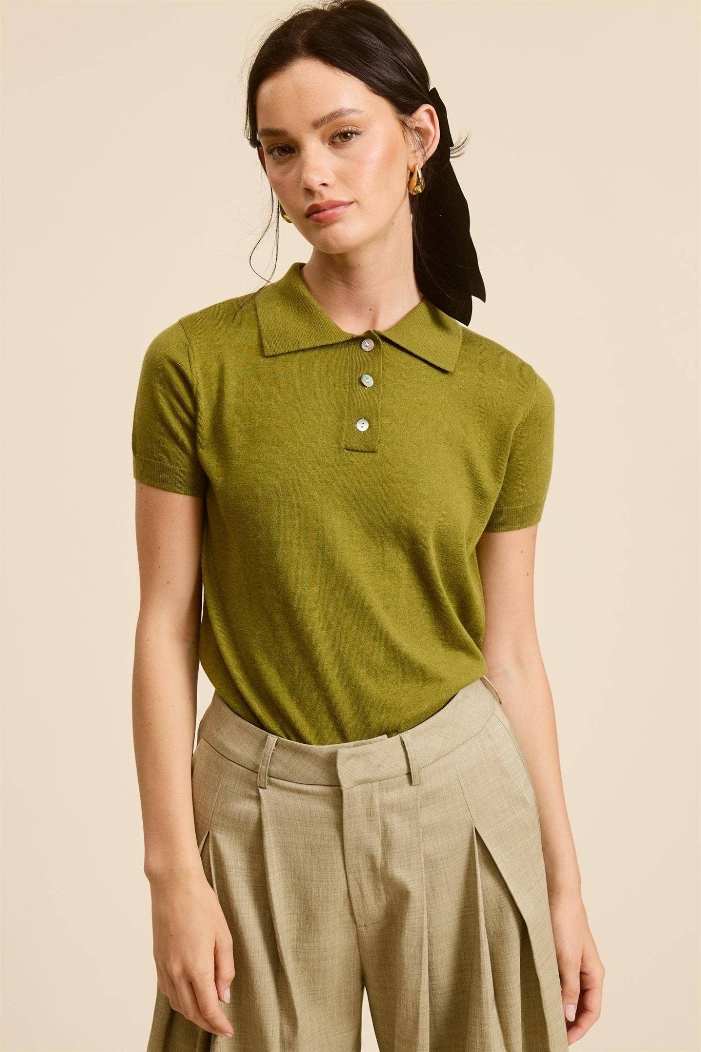 Mimosa - Buttoned Collar Short Sleeve Knit Polo Top - Dear John