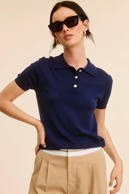Mimosa - Buttoned Collar Short Sleeve Knit Polo Top - Dear John