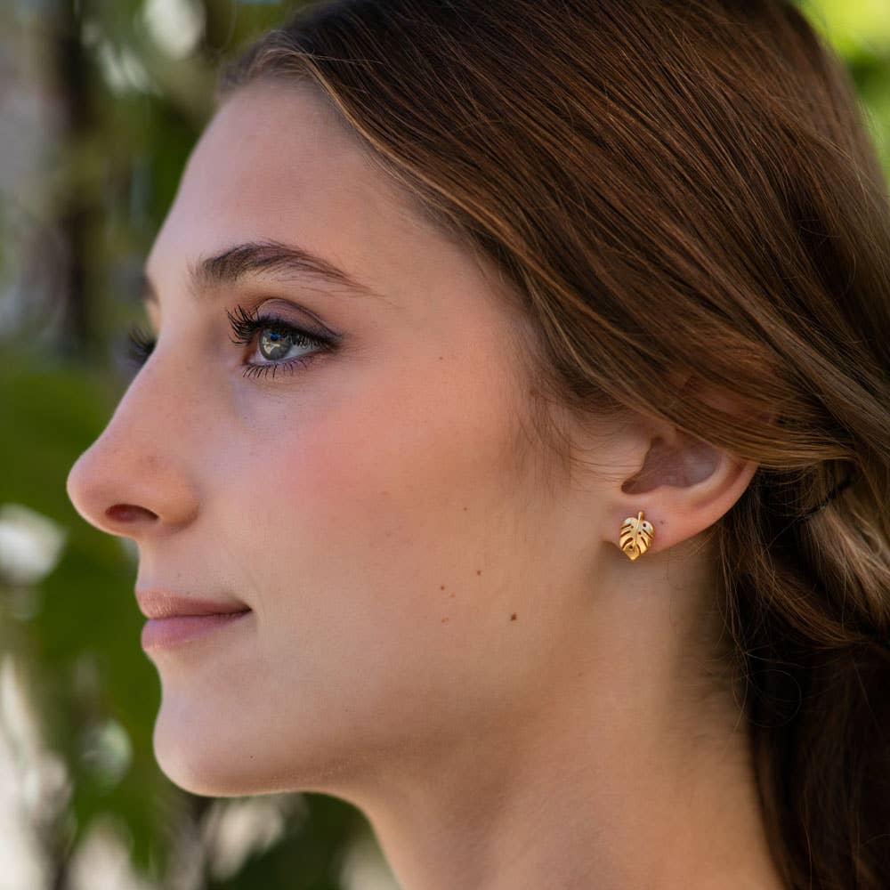 Monstera Leaf Stud Earrings — 24k Heavy Gold Plate (7–10 mil) - Dear John