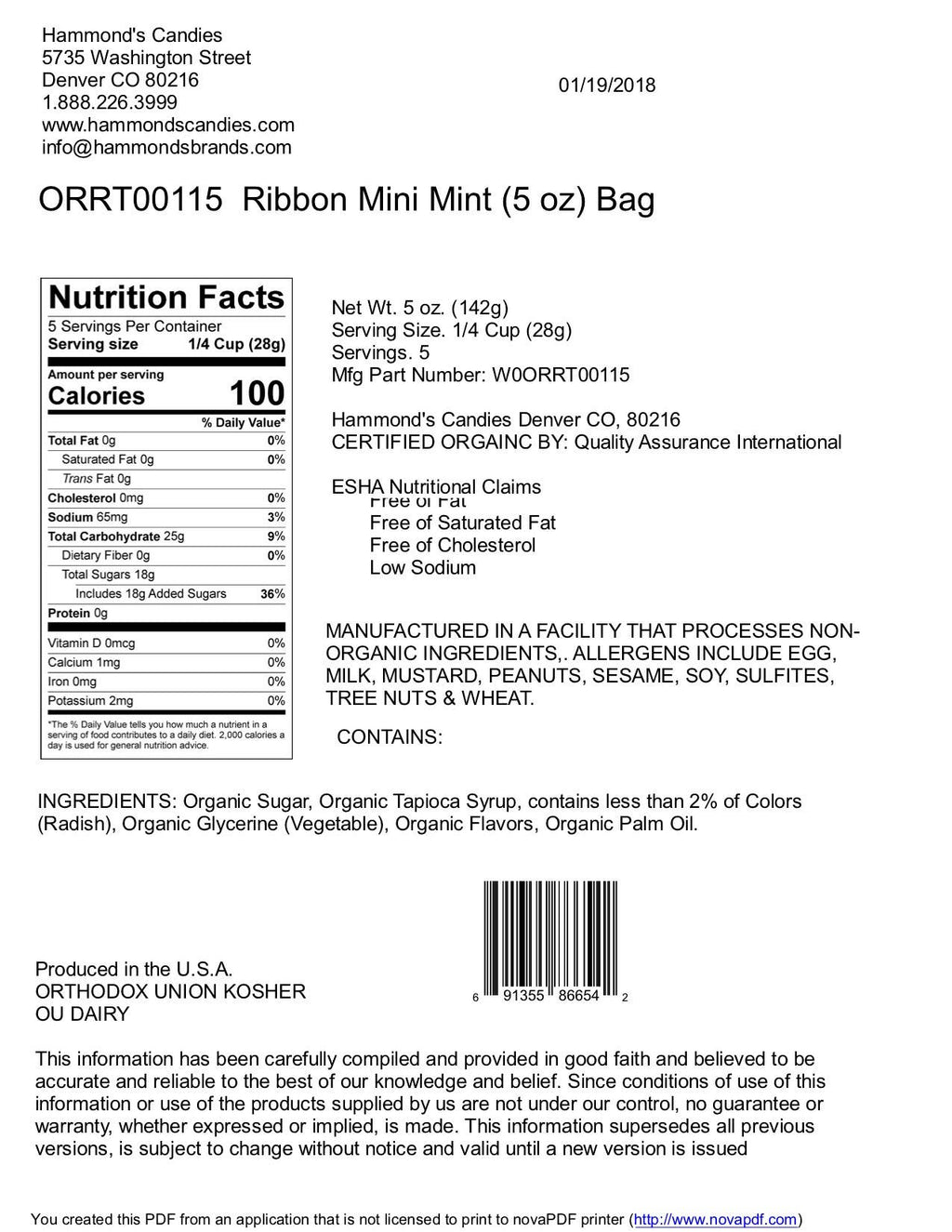 Organic Classic Candy - Mini Ribbons - Mint - 5 oz Gift Bag - Dear John