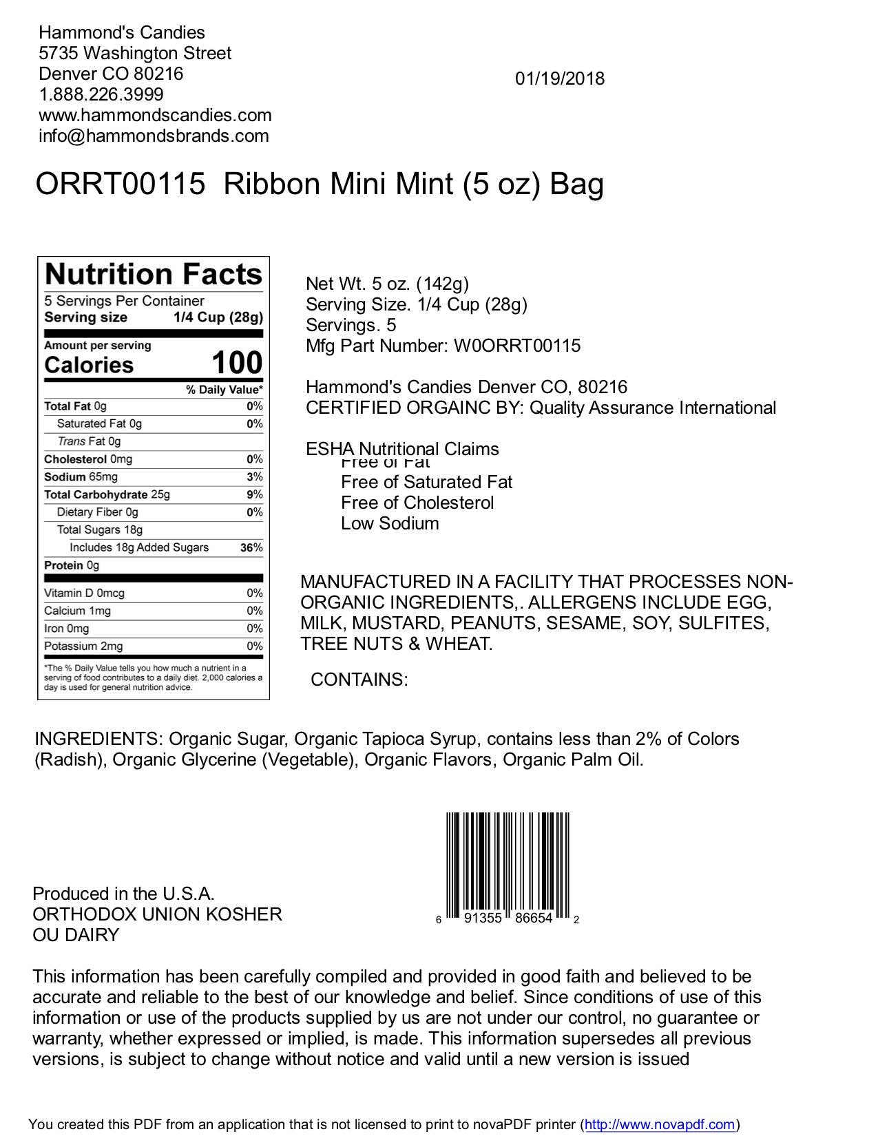 Organic Classic Candy - Mini Ribbons - Mint - 5 oz Gift Bag - Dear John