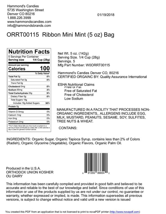 Organic Classic Candy - Mini Ribbons - Mint - 5 oz Gift Bag - Dear John