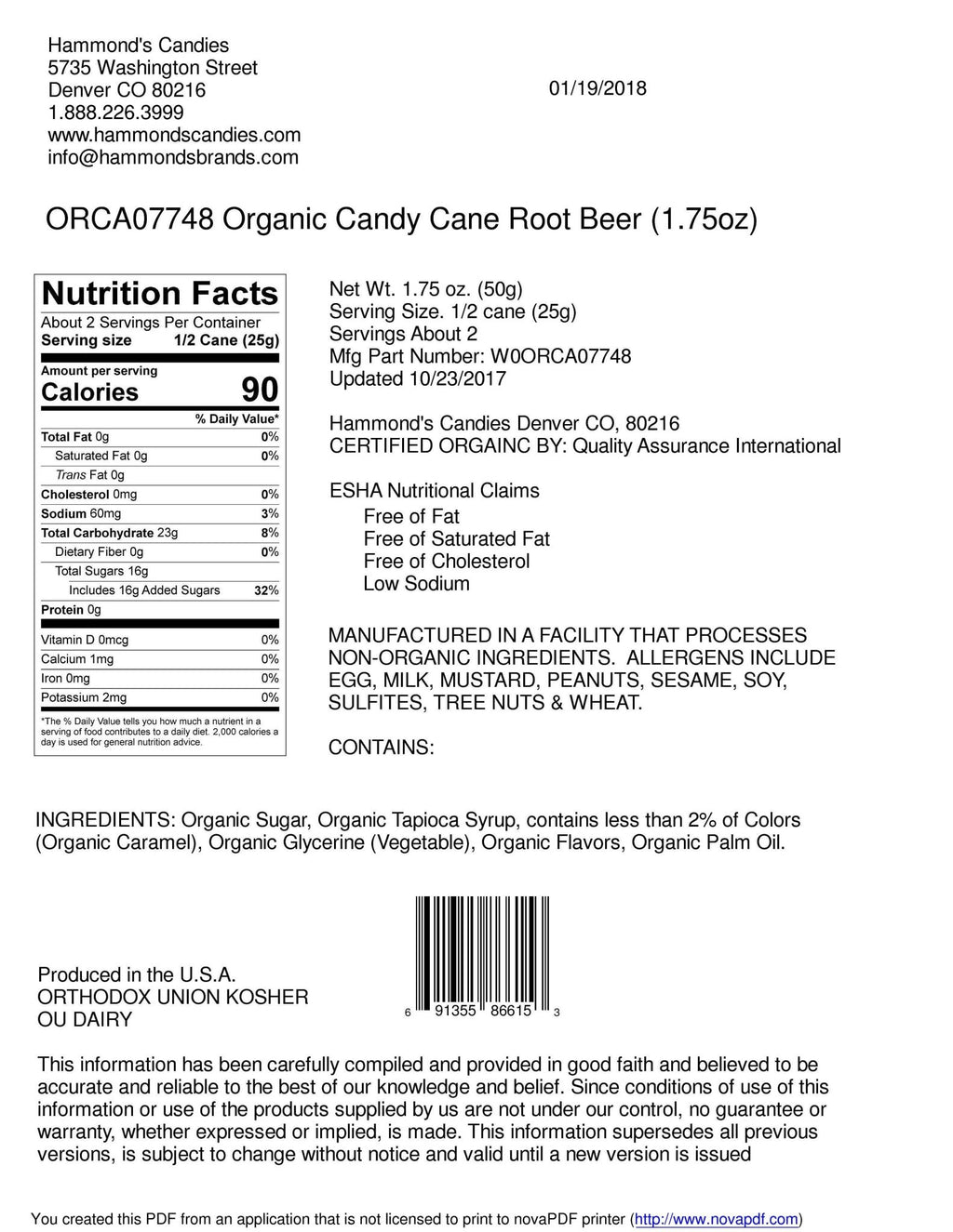 Organic Hand - Spun Jumbo Candy Cane - Root Beer - 1.75 oz - Dear John