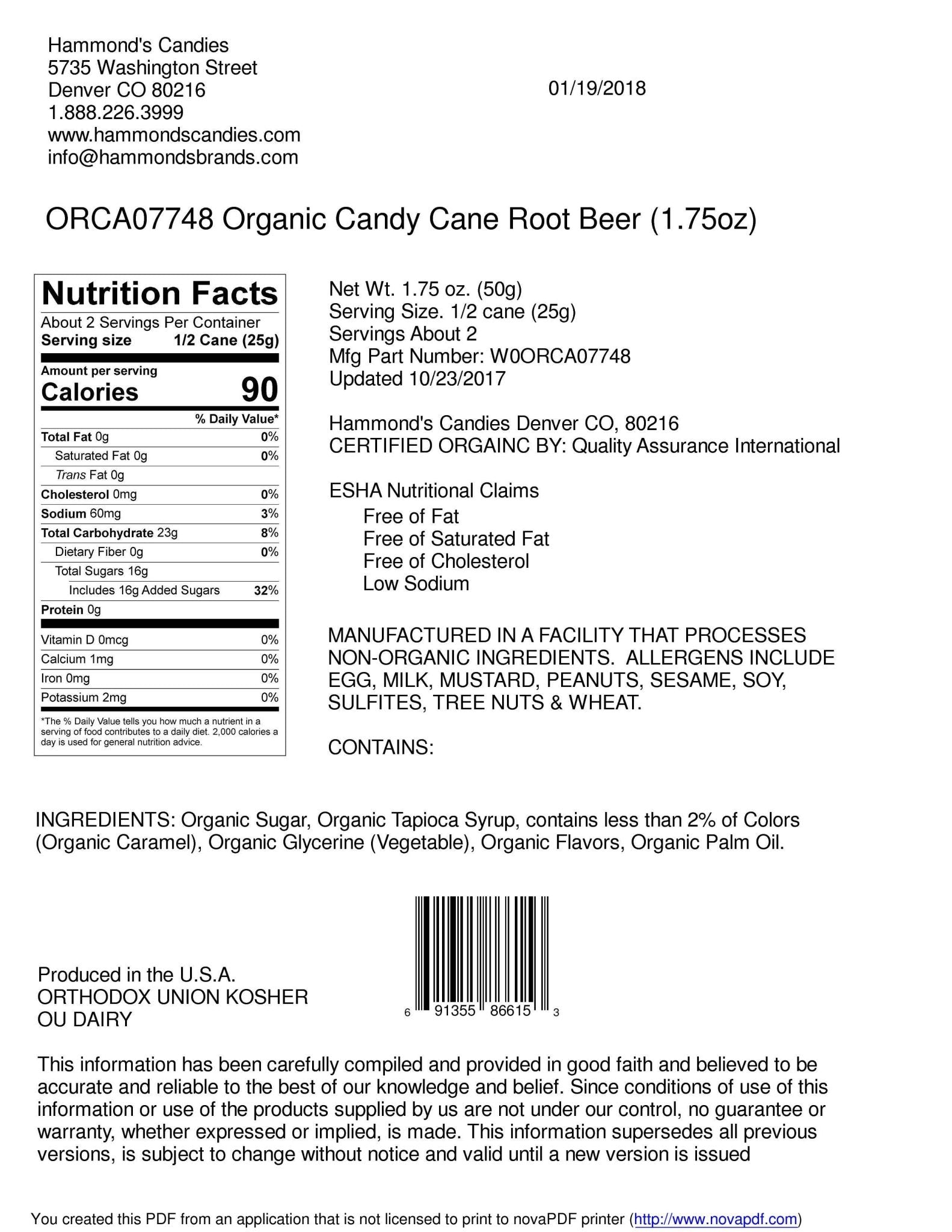 Organic Hand - Spun Jumbo Candy Cane - Root Beer - 1.75 oz - Dear John