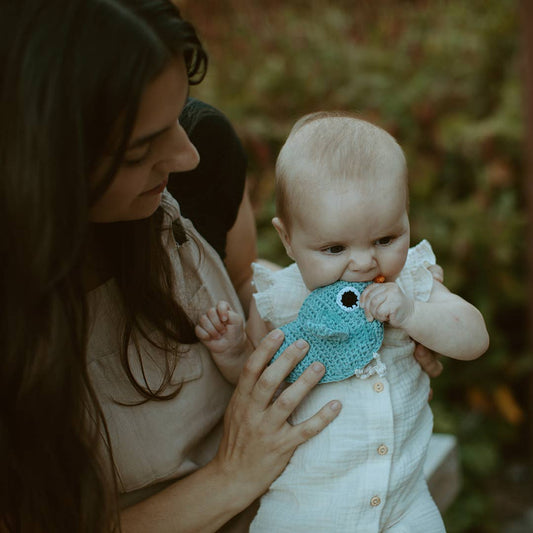 Pebble - Baby Blue Bird Rattle – Handmade Organic Cotton Baby Toy - Dear John