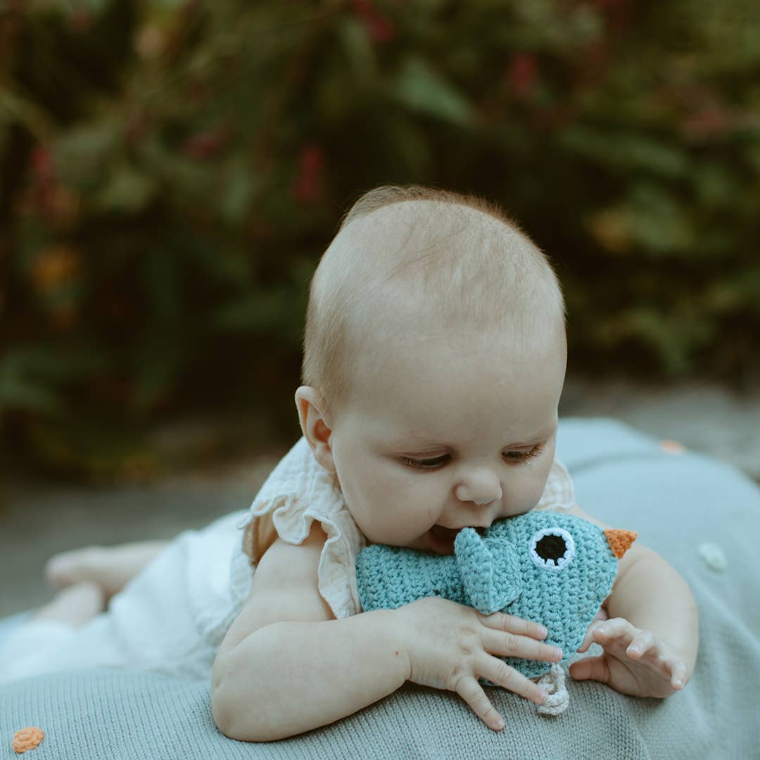 Pebble - Baby Blue Bird Rattle – Handmade Organic Cotton Baby Toy - Dear John