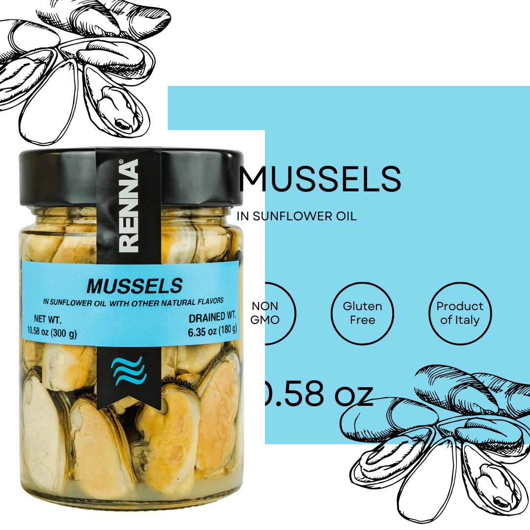 Renna, Succulent Mussels Preserved in Sunflower Oil (10.58 oz) - Dear John