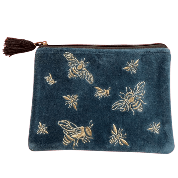 Rich Blue with Bees Velvet Medium Pouch - Dear John