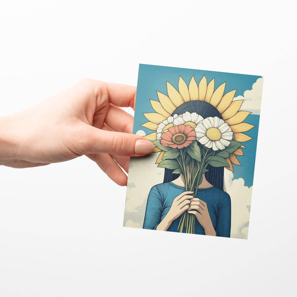 Sunflower girl with flowers - A2 greeting card - Dear John