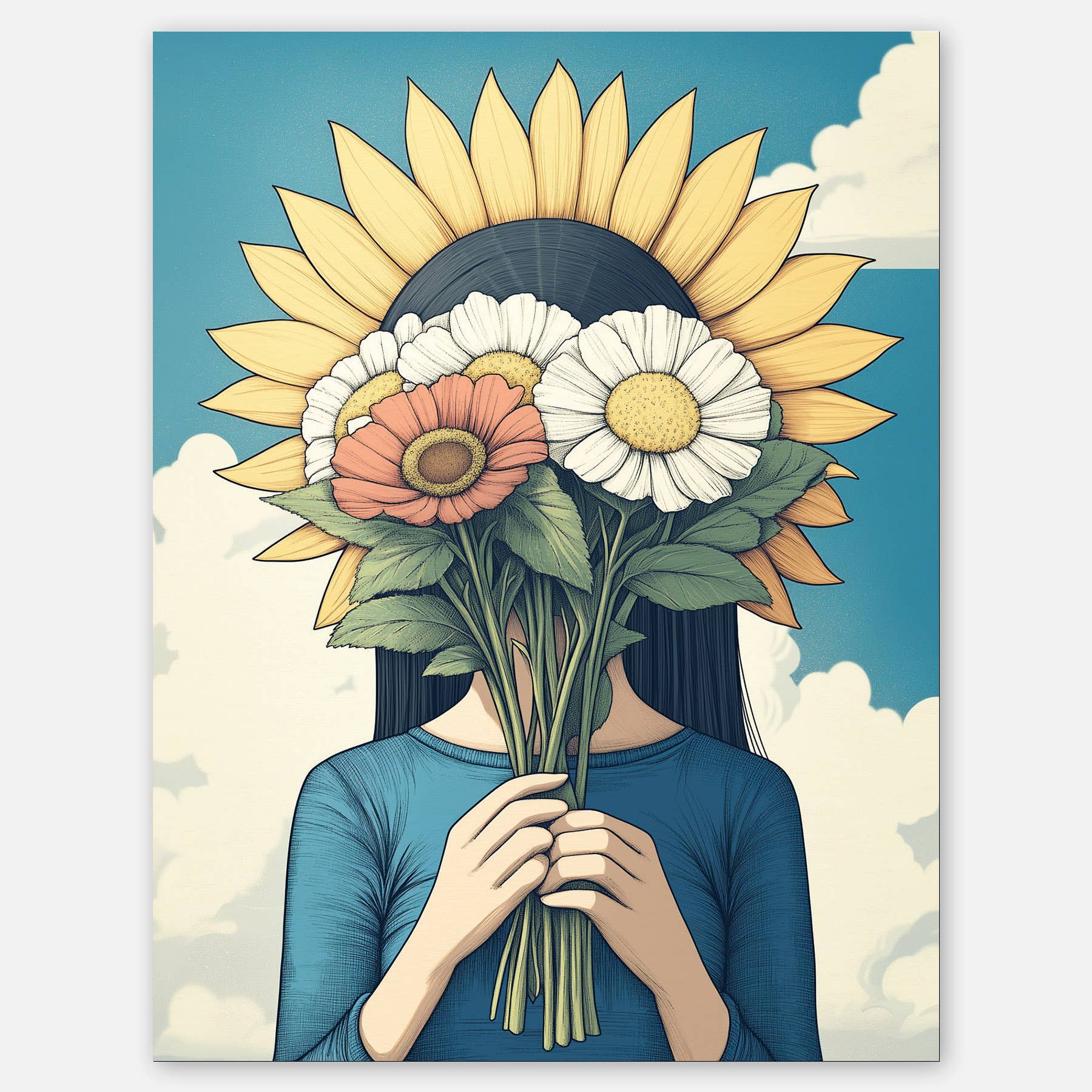 Sunflower girl with flowers - A2 greeting card - Dear John