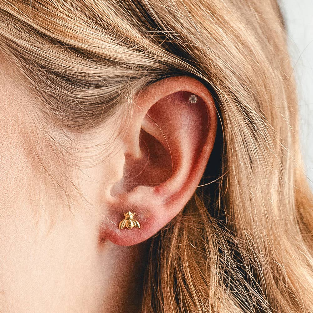 Tiny Bee Stud Earrings — Heavy 14k Gold Plate (7–10 µm), USA Vintage Molds - Dear John