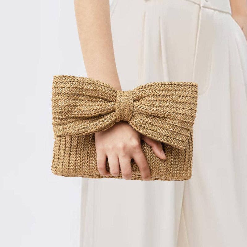 Women Summer Vacation Bow Straw Woven Handbag - Dear John
