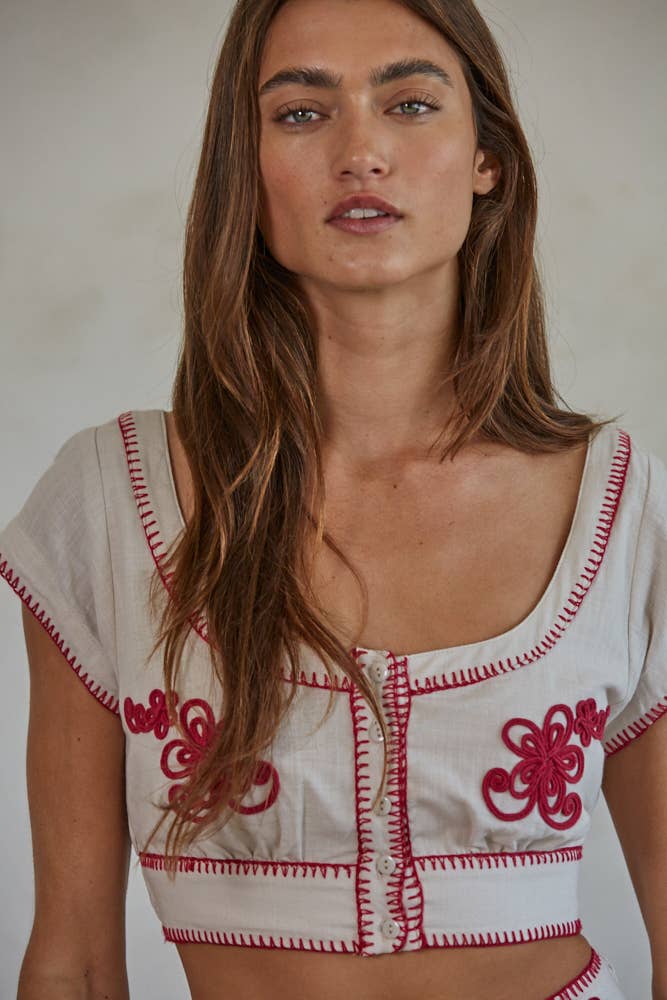 Woven Cotton Embroidered Detail Button Down Crop Top - Dear John