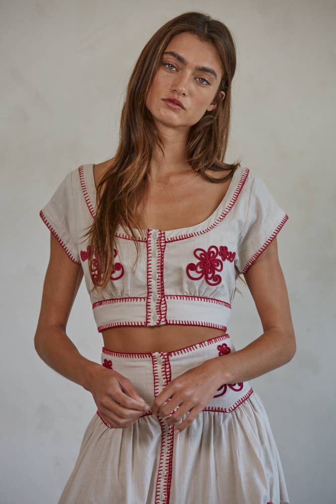 Woven Cotton Embroidered Detail Button Down Crop Top - Dear John