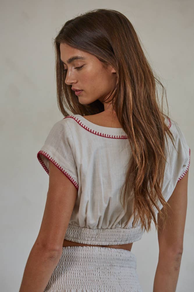 Woven Cotton Embroidered Detail Button Down Crop Top - Dear John