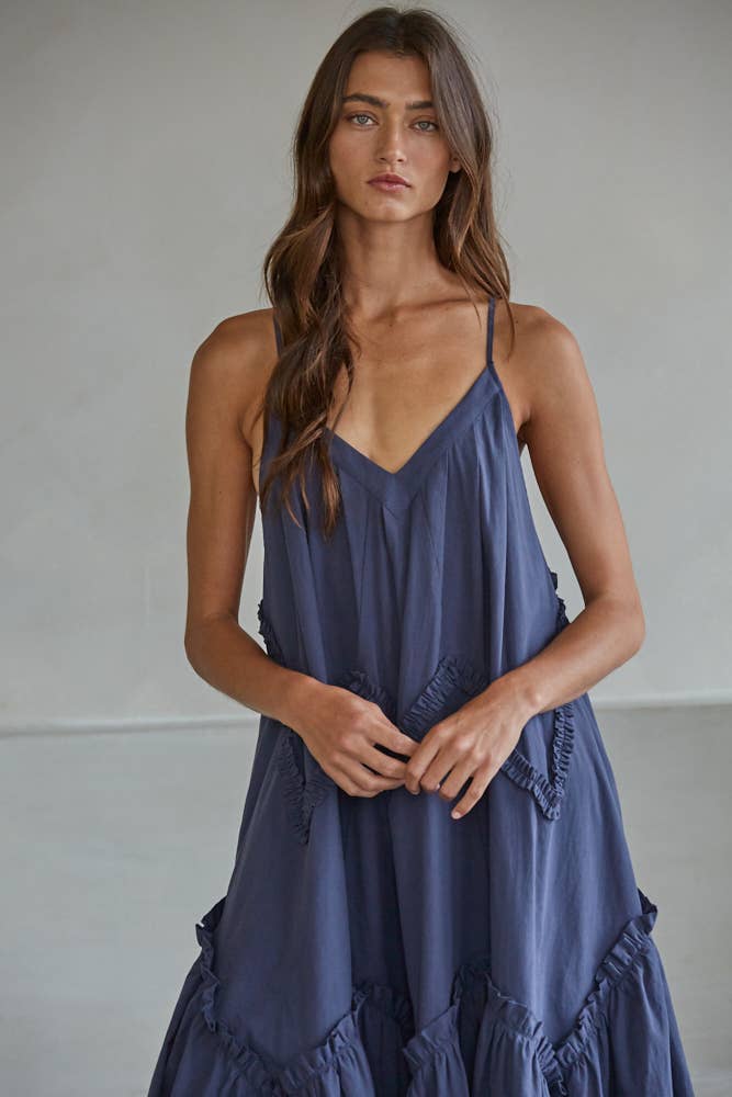 Woven Cotton V - Neck Ruffle Trim Detailed Maxi Dress - Dear John
