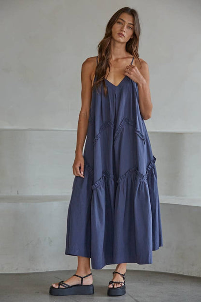 Woven Cotton V - Neck Ruffle Trim Detailed Maxi Dress - Dear John