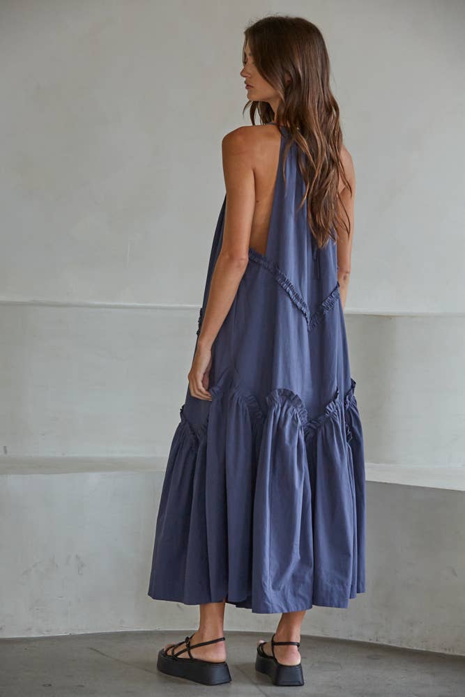 Woven Cotton V - Neck Ruffle Trim Detailed Maxi Dress - Dear John