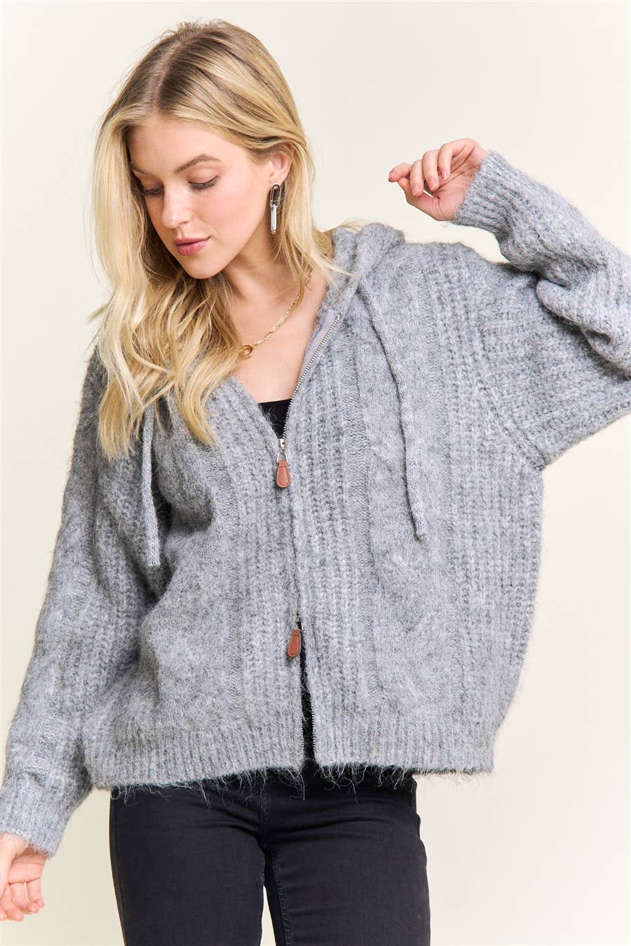 ZIP - UP TEXTURED KNIT HOODED CARDIGAN - Dear John