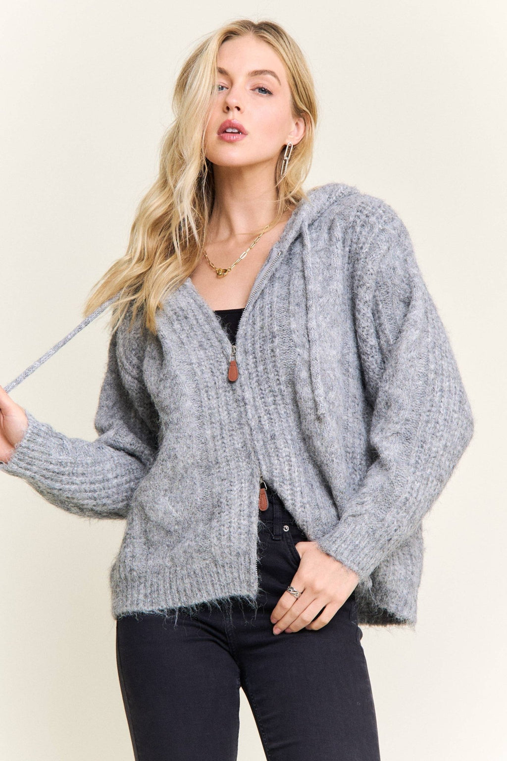 ZIP - UP TEXTURED KNIT HOODED CARDIGAN - Dear John