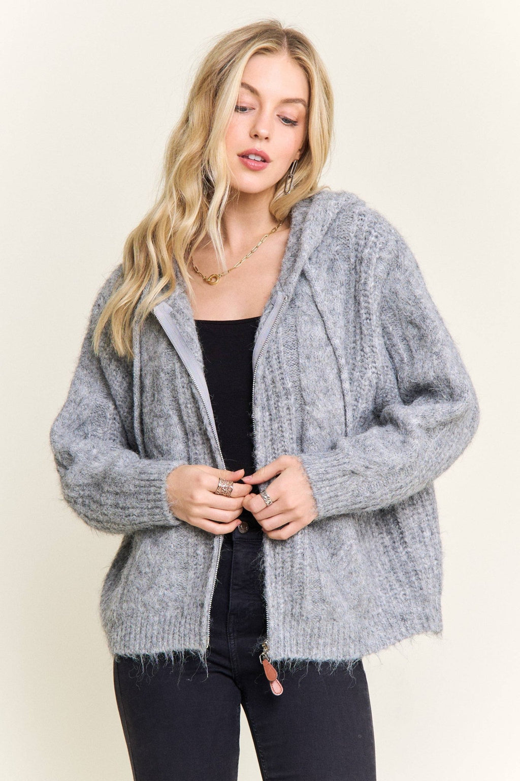 ZIP - UP TEXTURED KNIT HOODED CARDIGAN - Dear John