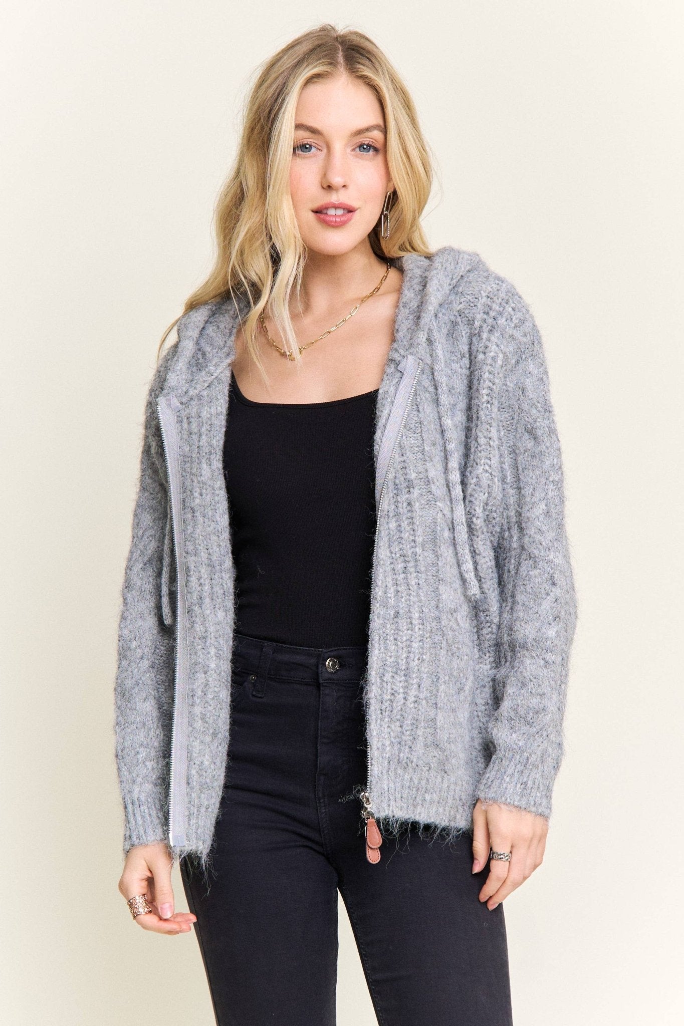 ZIP - UP TEXTURED KNIT HOODED CARDIGAN - Dear John