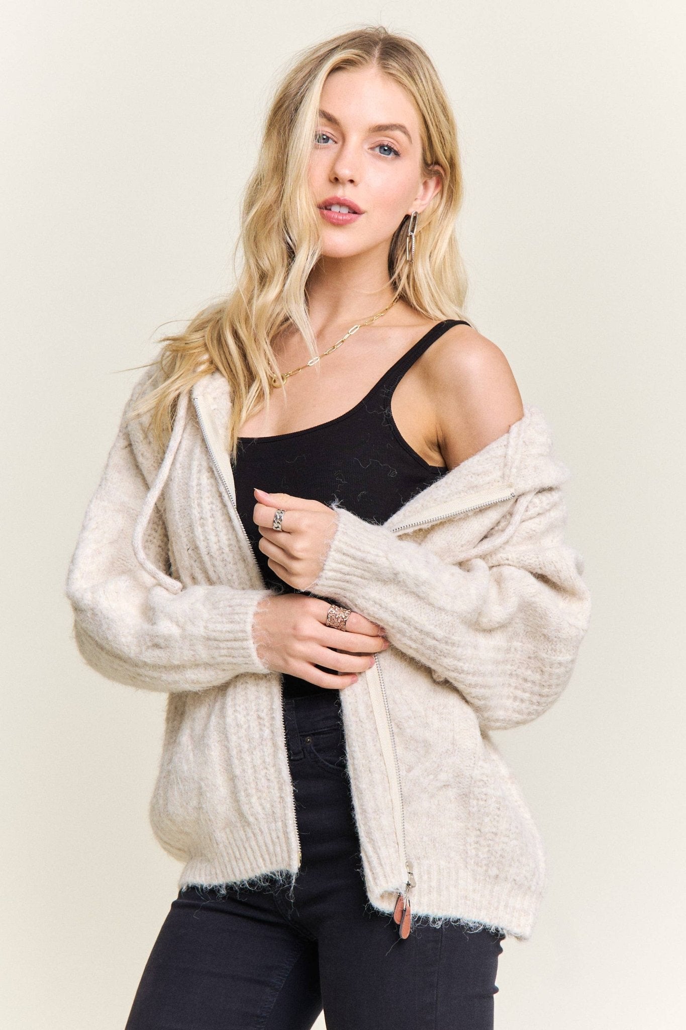 ZIP - UP TEXTURED KNIT HOODED CARDIGAN - Dear John