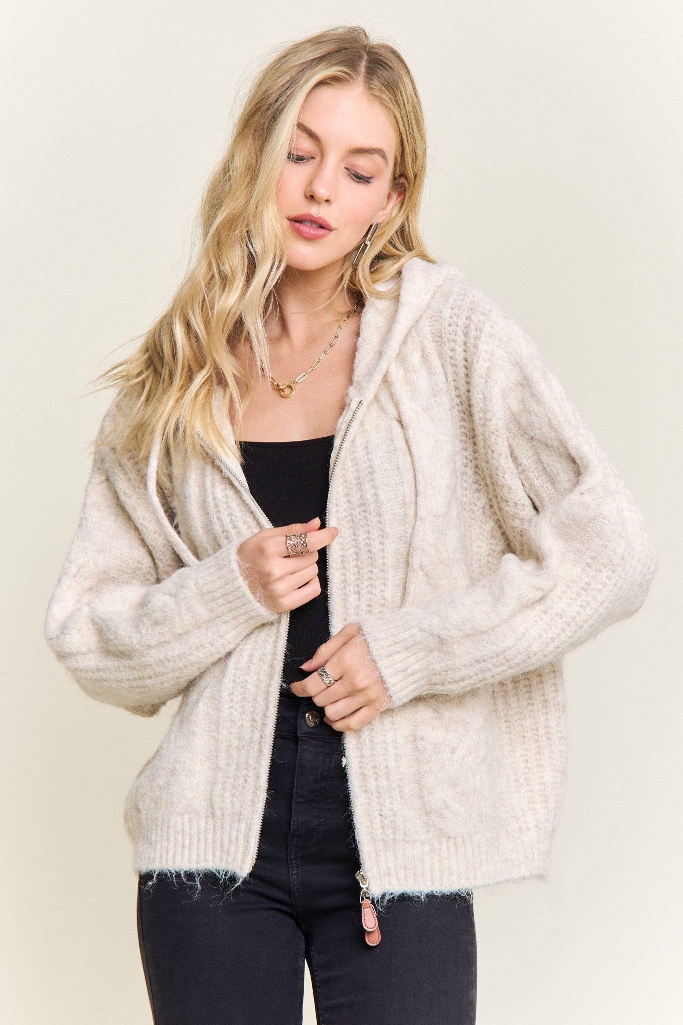 ZIP - UP TEXTURED KNIT HOODED CARDIGAN - Dear John