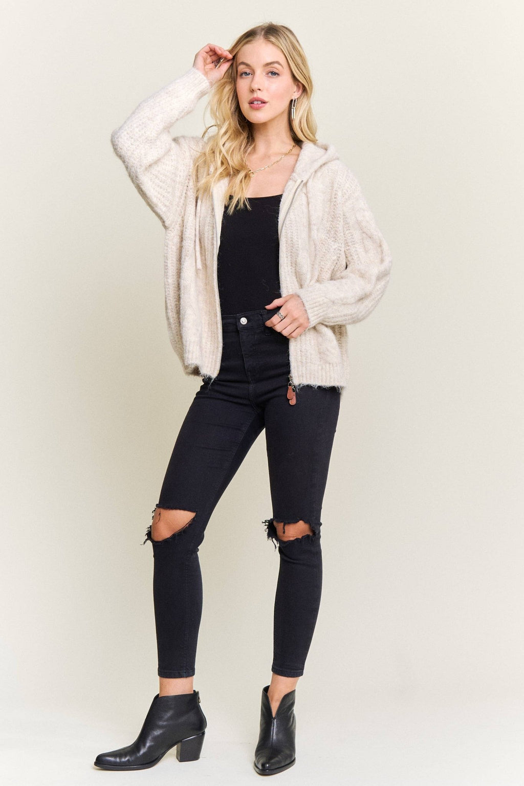 ZIP - UP TEXTURED KNIT HOODED CARDIGAN - Dear John