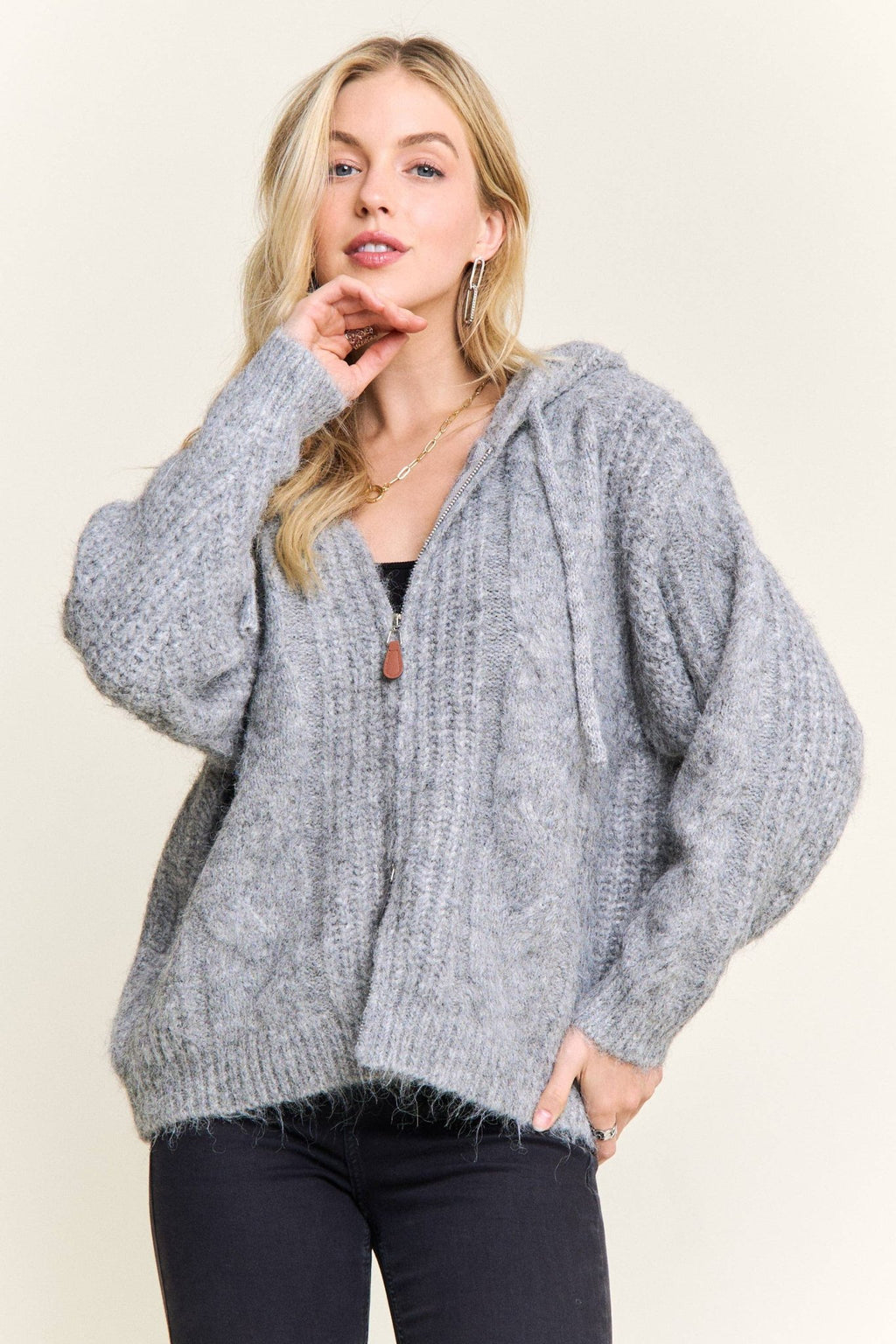ZIP - UP TEXTURED KNIT HOODED CARDIGAN - Dear John