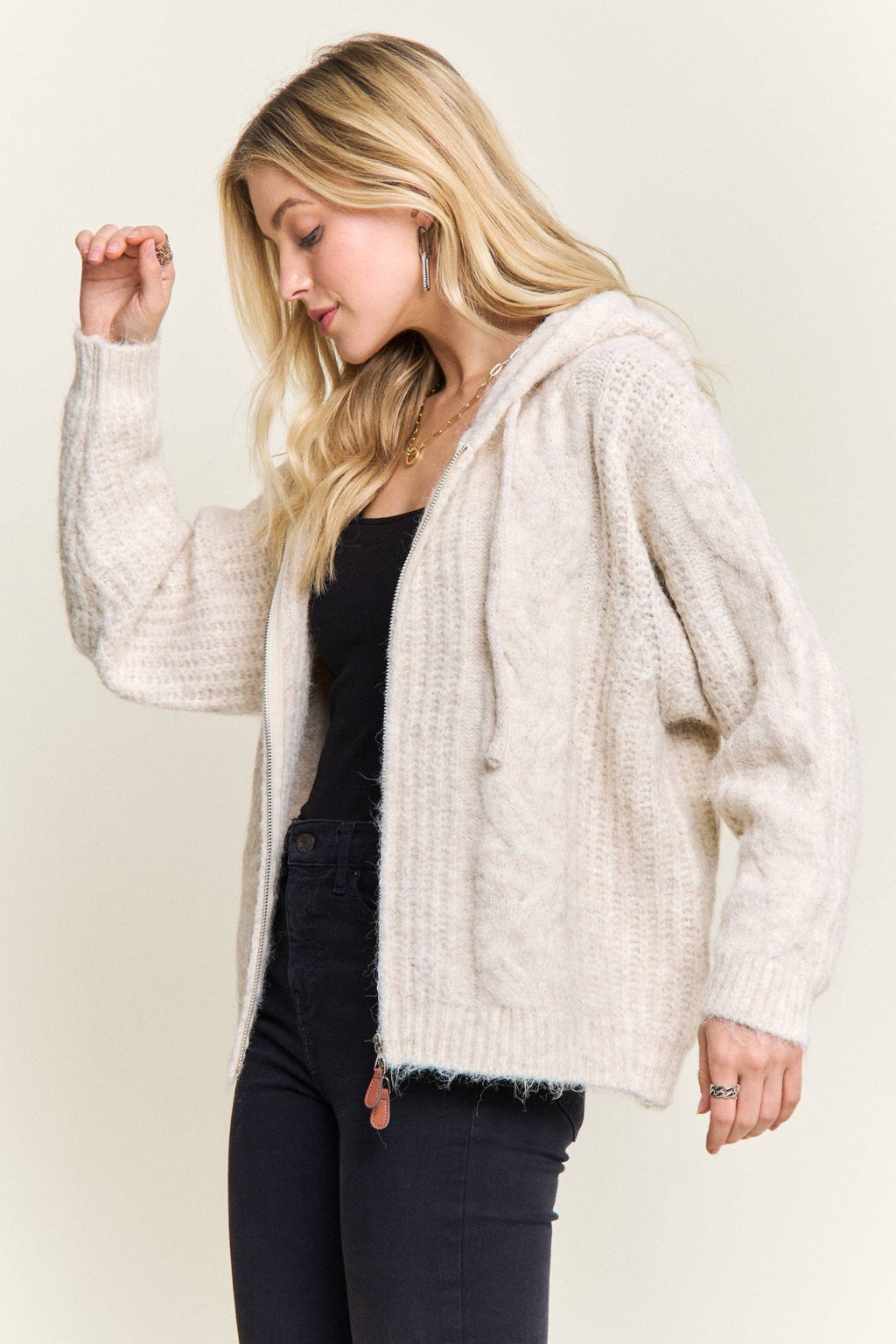 ZIP - UP TEXTURED KNIT HOODED CARDIGAN - Dear John