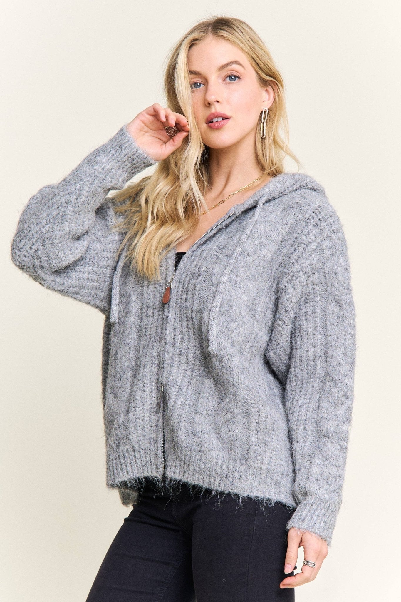 ZIP - UP TEXTURED KNIT HOODED CARDIGAN - Dear John